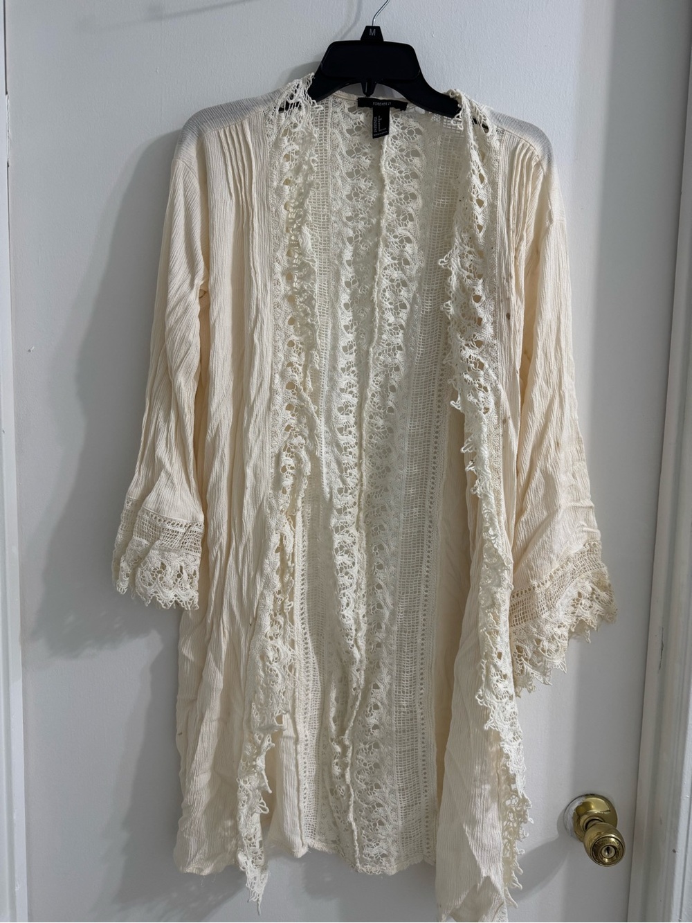 Womens Boho Lace-Trim Open Front Cover Up - Cream Color | Size S